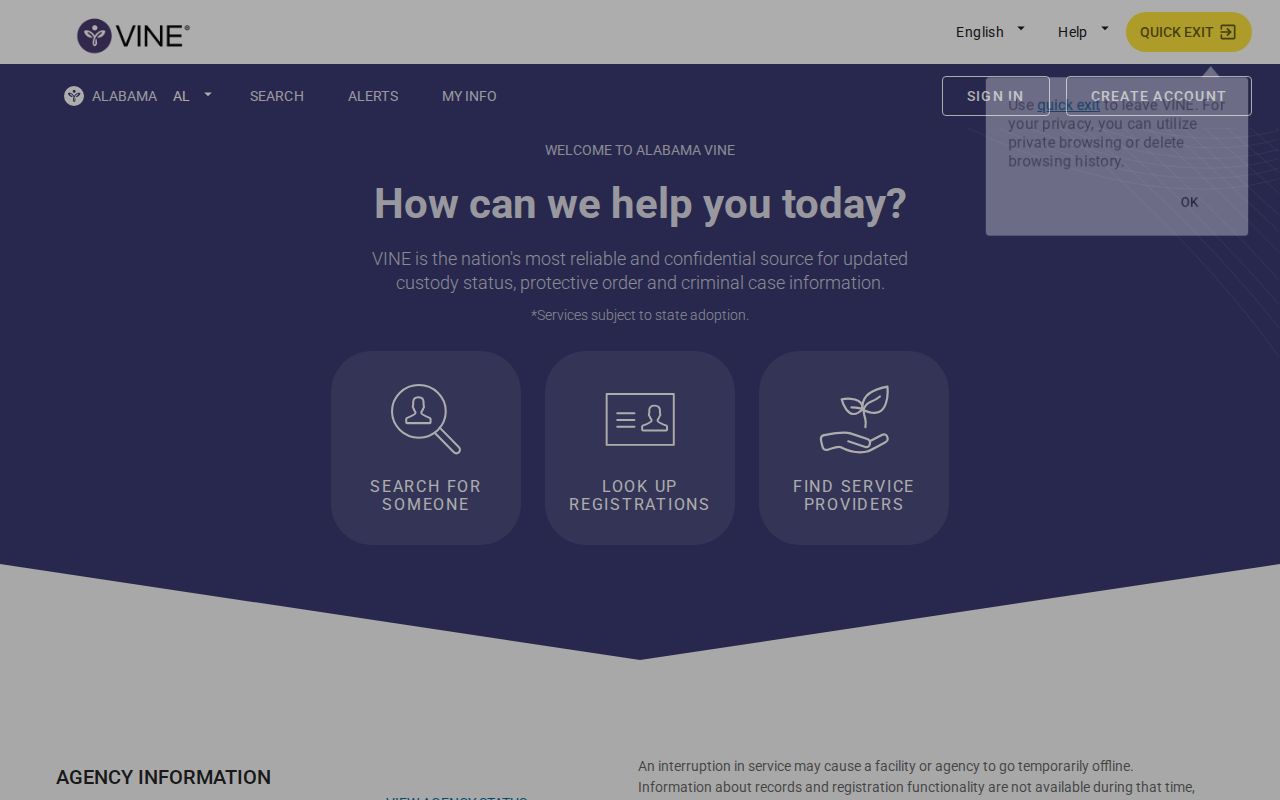 Alabama VINELink page for Marion County VINE inmate check
